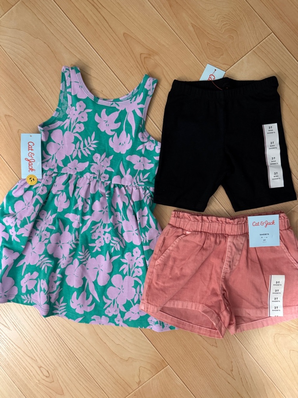 Cat & Jack Girls Green & Pink Floral Tank Dress, Black Biker Shorts, Orange 3T